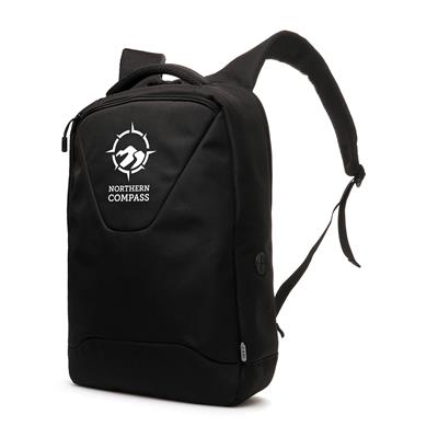 Angled view of black anti-theft backpack showing side and top handle