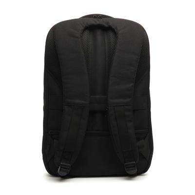 Back view of black anti-theft backpack showing padded straps and breathable back panel