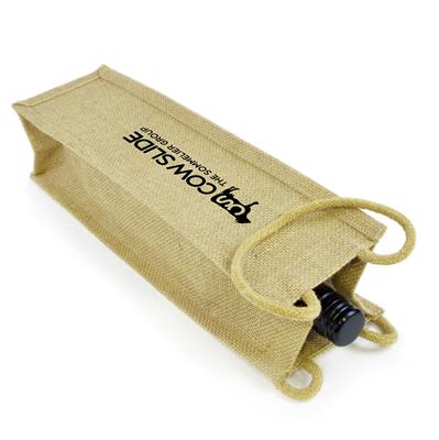 Natural jute wine bag with printed logo and rope handles holding a bottle