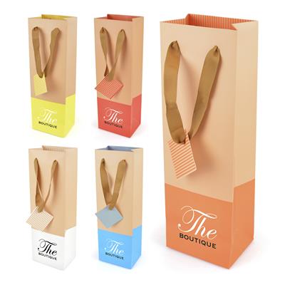 Selection of wine bags in amber, red, yellow, cyan and white colors with ribbon handles