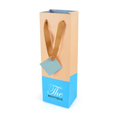 Cyan paper wine bag with ribbon handles and coloured stripe