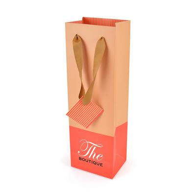 Red paper wine bag with ribbon handles and coloured stripe