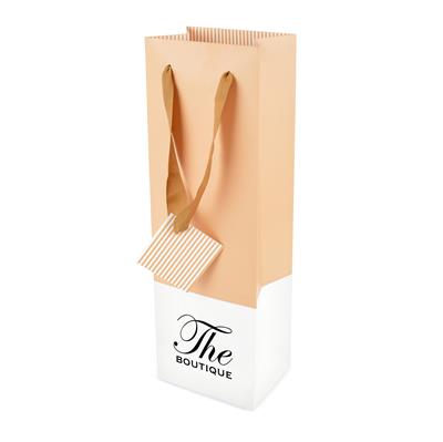 White paper wine bag with ribbon handles and coloured stripe