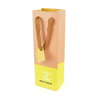 Yellow paper wine bag with ribbon handles and coloured stripe