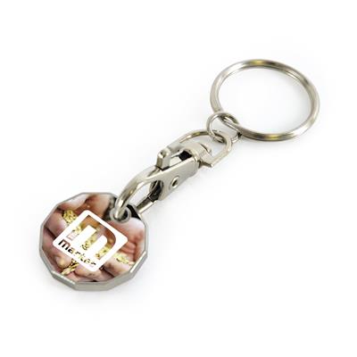 12‑sided trolley coin keyring showing printed design in full colour