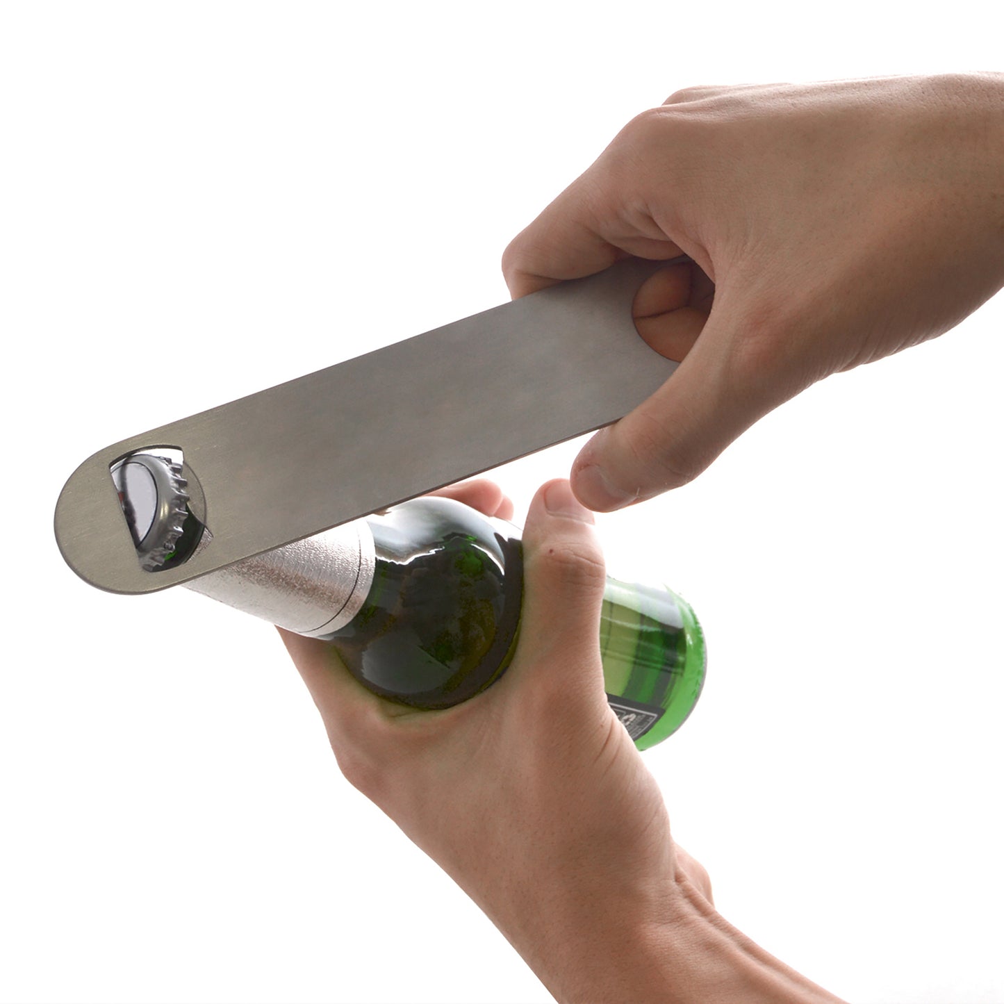 Hand using the Oracle bottle opener keyring to open a bottle
