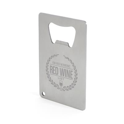 Brushed metal credit card bottle opener with engraved design
