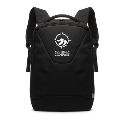 Black anti-theft backpack with custom printed logo on front pocket