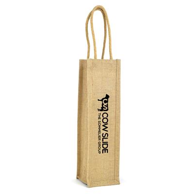 Natural jute wine bag standing upright with vertical printed logo and rope handles