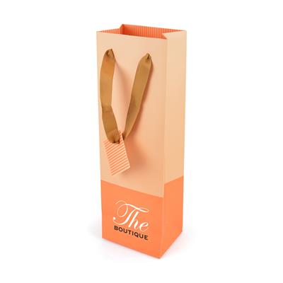 Amber paper wine bag with ribbon handles and coloured stripe