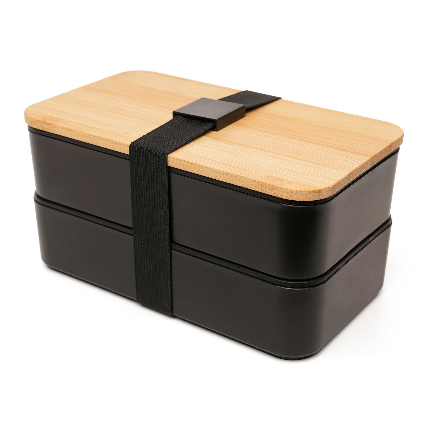 Closed double stacked bamboo lunch box secured with black elastic band