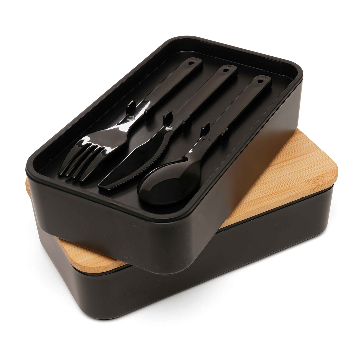 Double stacked lunch box showing cutlery set arranged in top compartment with bamboo lid underneath