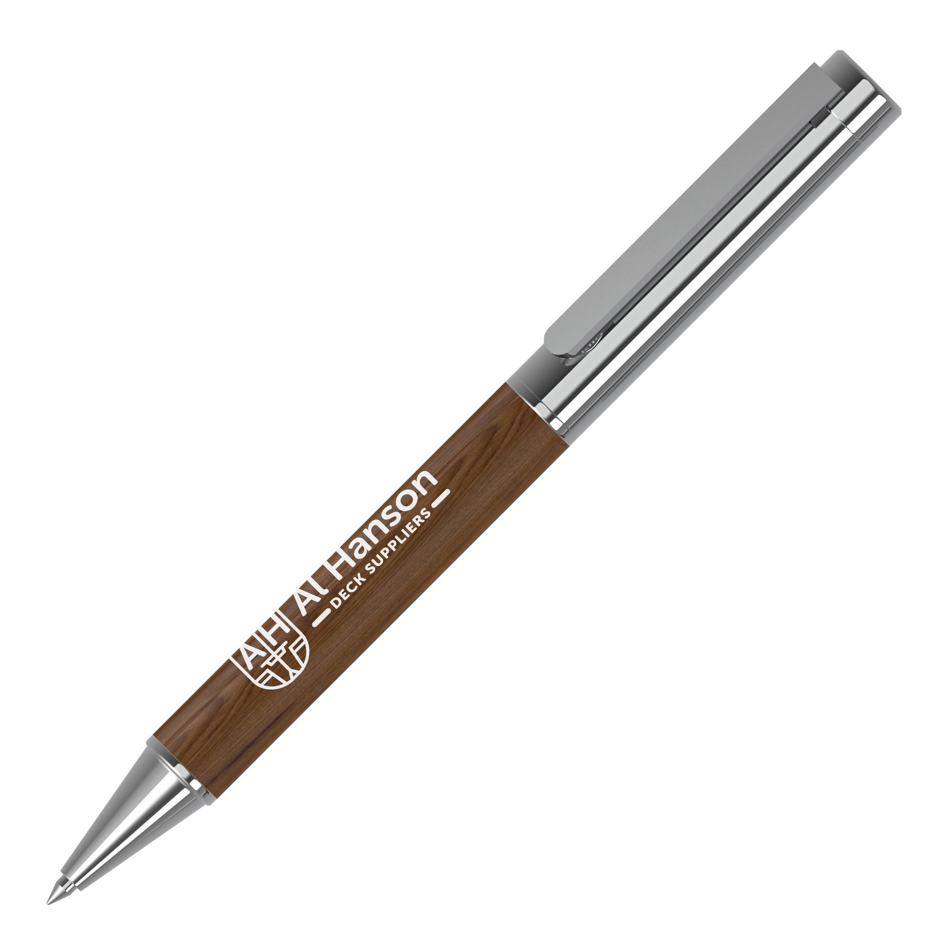 Natural wooden ball pen with chrome trims and engraved logo on white background