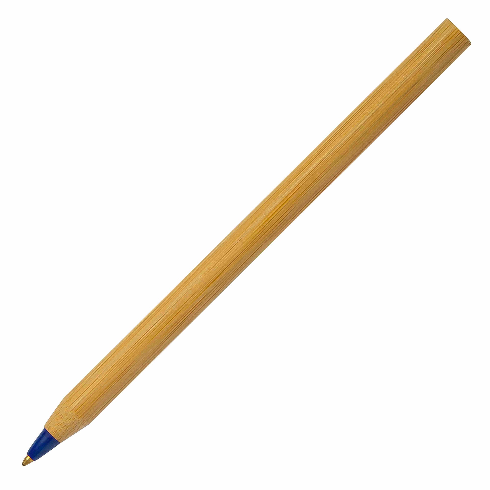 Natural bamboo ball pen with blue nose cone on white background